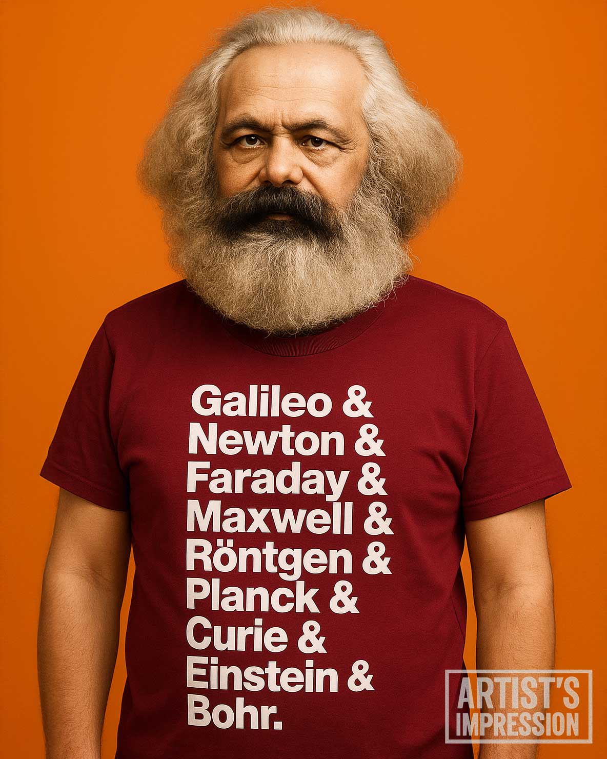 Physics Tshirt - Galileo, Newton, Faraday, Maxwell, Röntgen, Planck, Curie, Einstein, and Bohr
