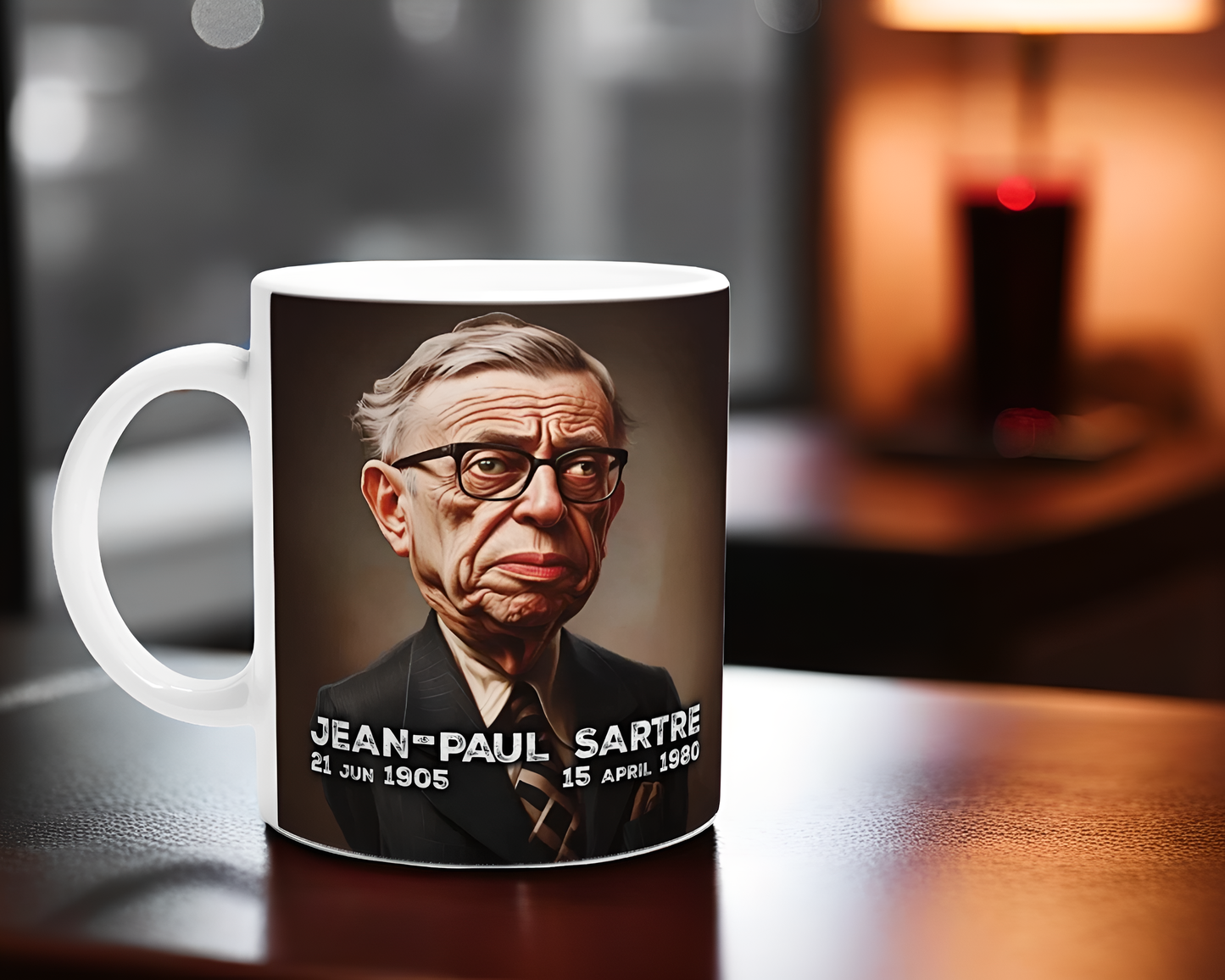 Jean-Paul Sartre Character Mug – 11oz Ceramic Coffee Cup with Caricature
