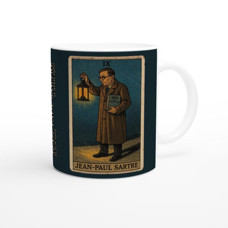 Tarot Mug with Jean-Paul Sartre - 11oz Hermit Illustration - Perfect Gift for Philosophers